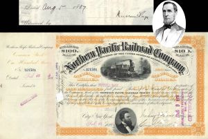 Northern Pacific Railroad Co. issued to and signed by Russell Sage - 1884-1888 dated Autographed Stock Certificate