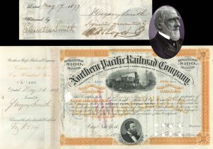 Northern Pacific Railroad Co. issued to and signed by J. Gregory Smith - 1879 dated Autographed Stock Certificate