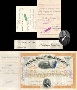 Northern Pacific Railroad Co. issued to and signed by William Windom 3 times - 1881 dated Autographed Stock Certificate