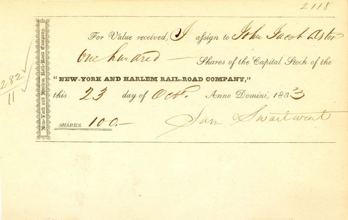 New York and Harlem Rail-Road Co. Issued to John Jacob Astor - Railway Stock Certificate