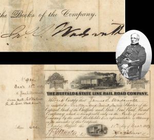 Buffalo and State Line Rail Road Co. signed by James S. Wadsworth - 1857 dated Autographed Stock Certificate