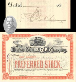 United States Car Co. issued to and signed by J.S. Bache - 1894 dated Autographed Stock Certificate