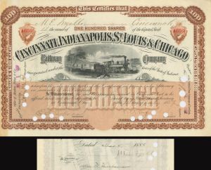 Cincinnati, Indianapolis, St. Louis and Chicago Railway Co. issued to/signed by M.E. Ingalls - Railroad Stock Certificate