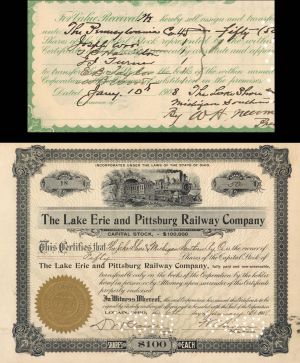Lake Erie and Pittsburg Railway Co. signed by W.H. Newman - 1908 dated Autographed Stock Certificate