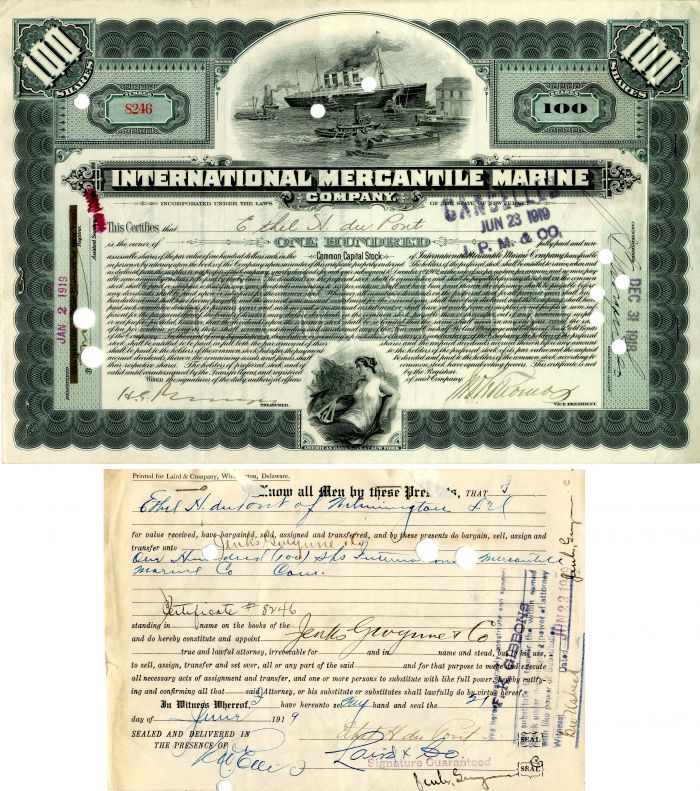 Ethel du Pont issued to and signed International Mercantile Marine Co. - Autograph Stock Certificate - Titanic History