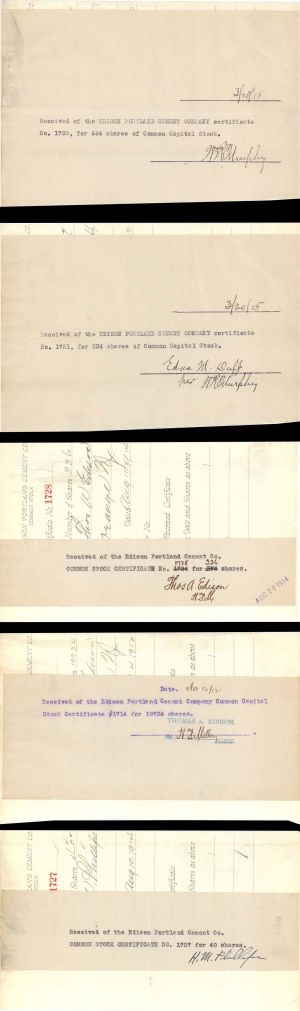Group of Edison Portland Cement Co. Stubs 2 related to Edison - 1912-1915 dated Stock Certificate