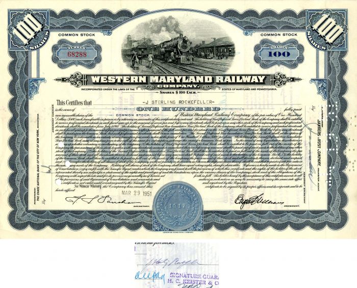 Western Maryland Railway Co. issued to J. Sterling Rockefeller - Stock Certificate