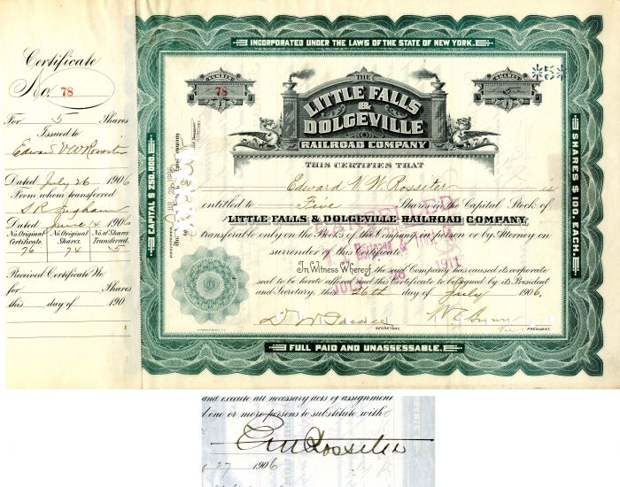 Little Falls and Dolgeville Railroad Co. - Stock Certificate