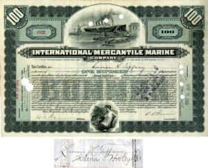 International Mercantile Marine Co. issued to and signed by Luman H. Tiffany - Stock Certificate - Titanic History