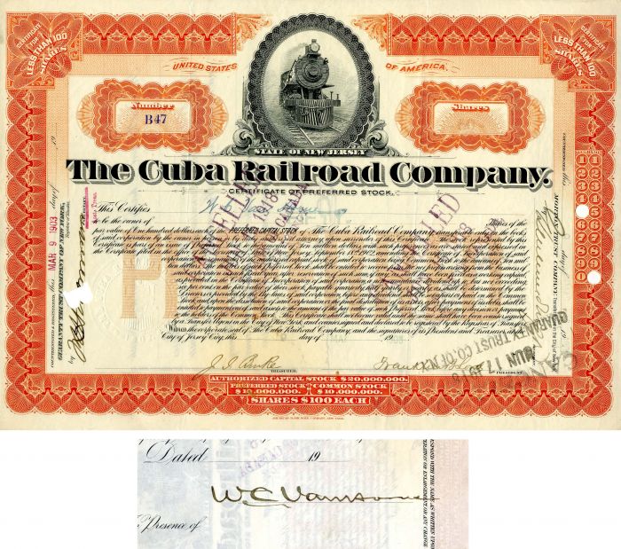 Cuba Railroad Co. issued to and signed by W.C. Van Horne - Stock Certificate