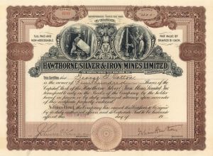 Hawthorne Silver and Iron Mines Limited signed by Julian Hawthorne - Autographed Stock Certificate