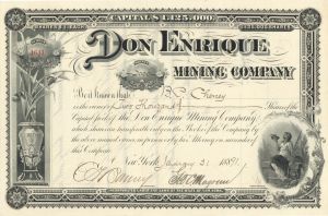 Don Enrique Mining Co. Issued to B.P. Cheney and Signed by G.G. Barney - 1891 dated Autographed Stock Certificate