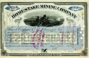 Homestake Mining Co. signed by Fred Clark - 1902 dated Autograph Mining Stock Certificate