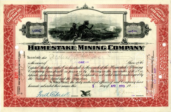 Homestake Mining Co. signed by Fred Clark - 1913 Autograph Mining Stock Certificate