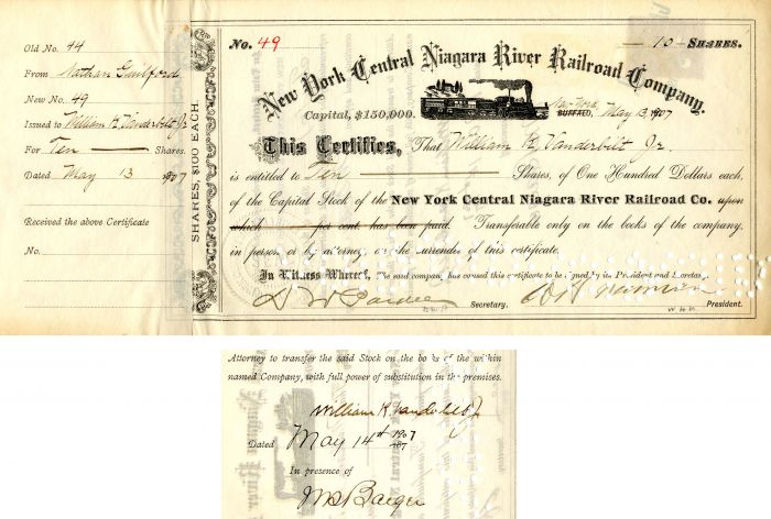 New York Central Niagara River Railroad Co. Issued to and Signed by Wm. K. Vanderbilt- Stock Certificate