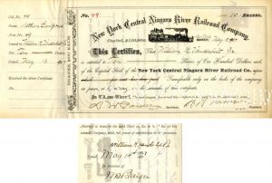 New York Central Niagara River Railroad Co. Issued to and Signed by Wm. K. Vanderbilt- Stock Certificate