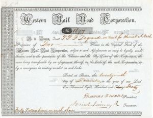 Western Railroad Corporation signed by Josiah Quincy - 1840 or 1841 dated Autographed Stock Certificate