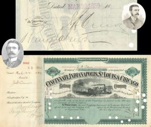 Cincinnati, Indianapolis, St. Louis & Chicago Railway Co. Issued to J.B. Clews and Signed by Henry & J.B. Clews - 1889 dated Autographed Stock Certificate