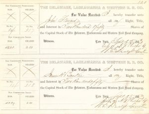 Delaware, Lackawanna and Western R.R. Co. Signed twice by William E. Dodge - 1863 dated Autograph Stock Certificate