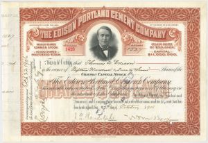 Edison Portland Cement Company Issued to Thomas A. Edison - Stock Certificate