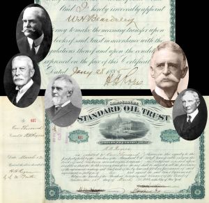 Standard Oil Trust Issued to and signed by H.H. Rogers - Signed by W.H. Beardsley, J. D. Rockefeller, H.M. Flagler and J.A. Bostwick - 1883 dated Autograph Stock Certificate 