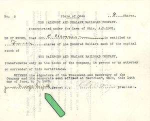 Fairport and Phalanx Railroad Co. Signed by James Rudolph Garfield - 1901 or 1908 dated Autograph Railway Stock Certificate 