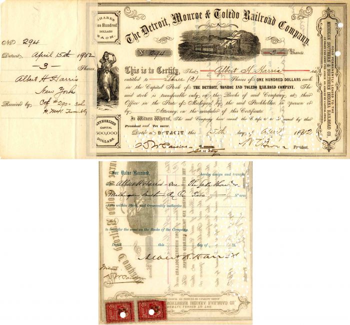 Detroit, Monroe and Toledo Railroad Co. Issued to and Signed by Albert H. Harris - Stock Certificate