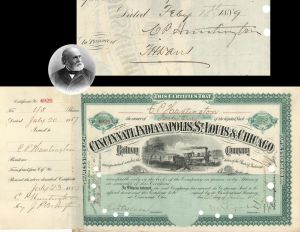 Cincinnati, Indianapolis, St. Louis and Chicago Railway Co. Issued to and Signed by C.P. Huntington - 1887 and 1889 dated Autographed Railroad Stock Certificate