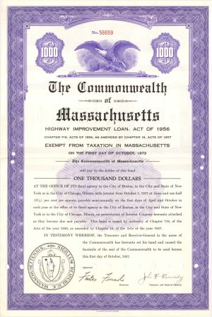 Commonwealth of Massachusetts signed by John F. Kennedy (not JFK) - $1,000 1957 dated Bond