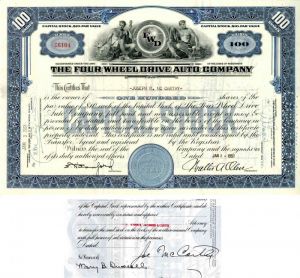 Four Wheel Drive Auto Co. Issued to and Signed by Joseph R. McCarthy - Stock Certificate