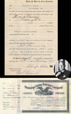 Shenango Valley Railroad Co. Issued to and Signed by Richard K. Mellon - 1931 and 1932 dated Autographed Stock Certificate