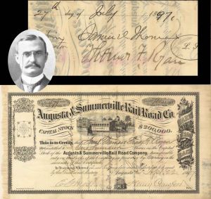 Augusta and Summerville Rail Road Co. Issued to and Signed by Thos. F. Ryan- 1897 dated Autographed Stock Certificate