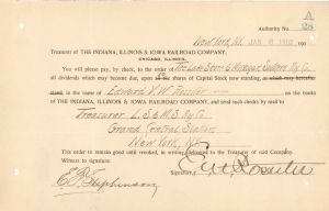 Indiana, Illinois and Iowa Railroad Co. Issued to and Signed by Edward V.W. Rossiter - 1902 dated Autographed Stock Certificate