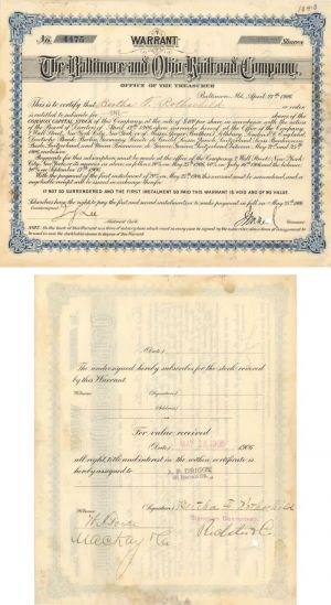 Baltimore and Ohio Railroad Co. Issued to Bertha F. Rothscihild - 1906 dated Railway Stock Certificate