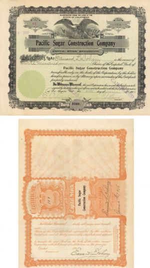 Pacific Sugar Construction Co. Issued to and Signed by E.L. Doheny - Stock Certificate