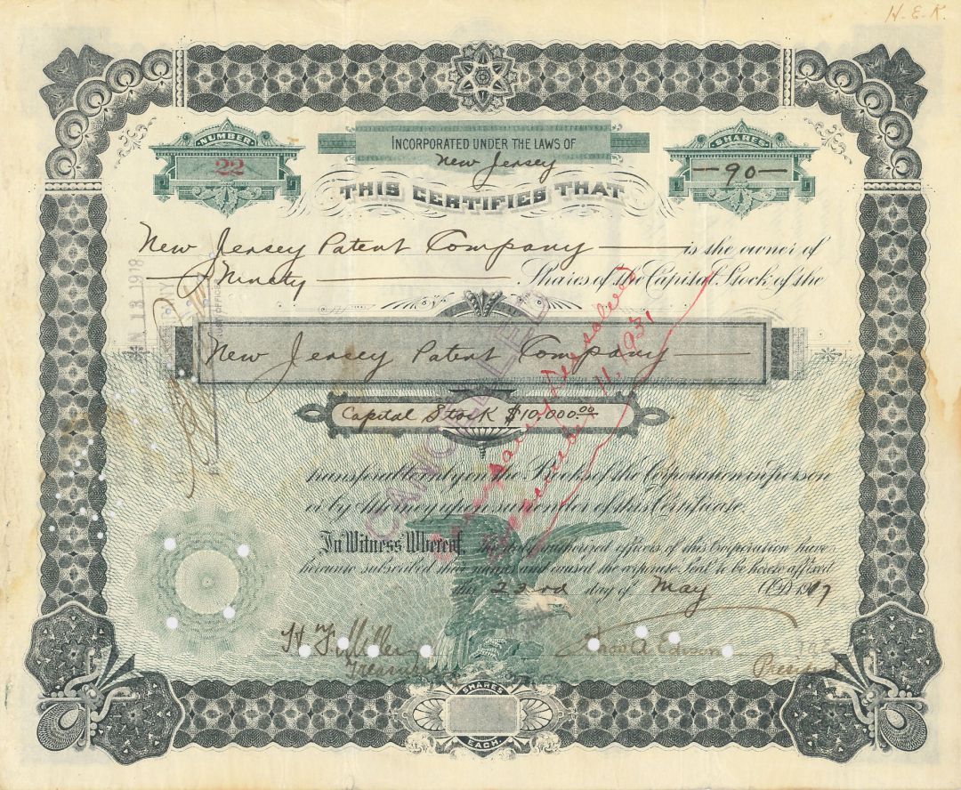 New Jersey Patent Co. signed by Thomas A. Edison - Stock Certificate