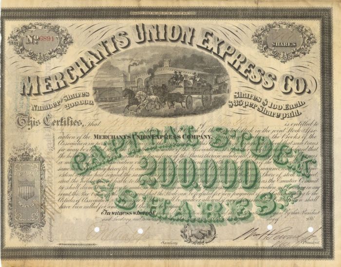 William H. Seward Jr. signed Merchants Union Express Co. - Stock Certificate