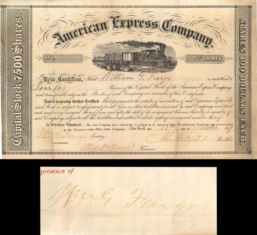 American Express Co. Issued to and Signed by William G. Fargo and John Butterfield - 1859 dated Autographed Stock Certificate