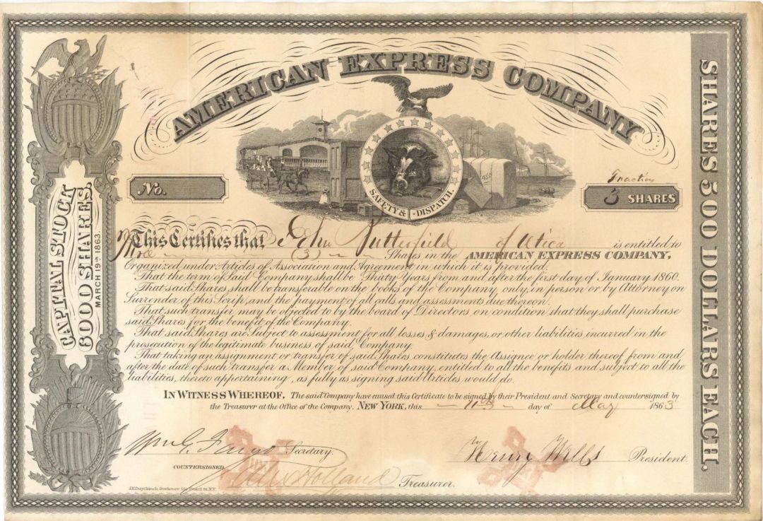 American Express Co. Issued to and Signed by John Butterfield. Also Wm. G. Fargo and Henry Wells- 1863 dated Autographed Stock Certificate