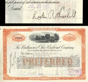 Baltimore and Ohio Railroad Co. Issued to and Signed by Lester Rothschild - 1919 and 1920 dated Autographed Stock Certificate