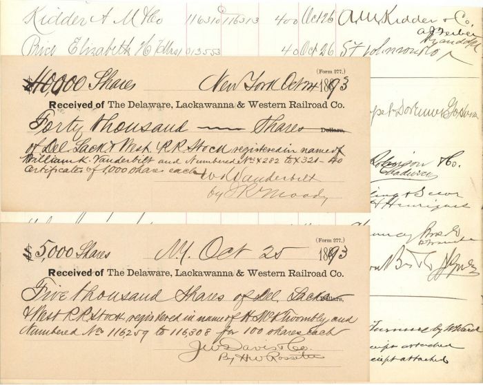 Delaware, Lackawanna and Western Railroad Co. Stock Receipt registered to Wm. K Vanderbilt - Stock Certificate