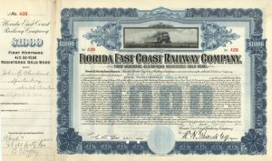 Florida East Coast Railway Co. - 1900's dated $1,000 Bond signed by William Henry Beardsley - Private Secretary to Henry Flagler