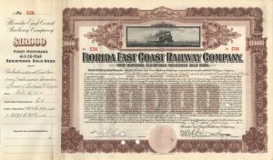 Florida East Coast Railway Co. - 1911 or 1912 dated $10,000 Bond signed by William Henry Beardsley - Private Secretary to Henry Flagler