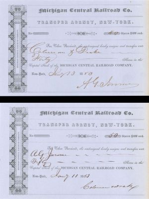 Michigan Central Railroad Co. Pair Issued to and Signed by A.G. Jerome -1853 dated Autographed Stock Transfers