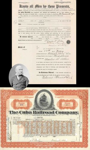 Cuba Railroad Co. Issued to L.P. Morton with estate document  -1903 or 1904 dated Stock Certificate