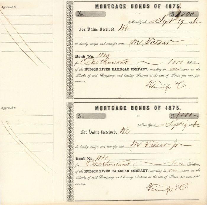 Hudson River Railroad Co. Transferred to M. Vassar Jr. - Bond Transfer