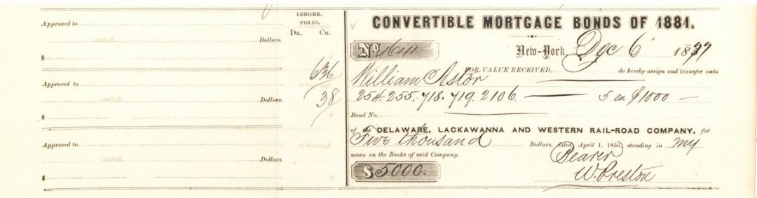 Delaware, Lackawanna and Western Rail-Road Co. Issued to Wm. Astor - Autographed Stocks and Bonds