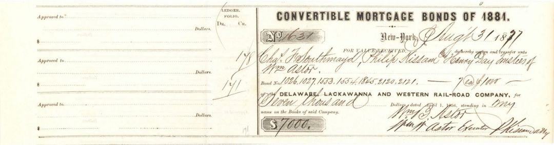 Delaware, Lackawanna and Western Rail-Road Co. Signed by Wm. B. Astor and Wm. W. Astor - Autographed Stocks and Bonds