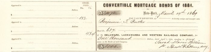 Delaware, Lackawanna and Western Rail-Road Co. Transferred to Benj. Butler - Autographed Stocks and Bonds