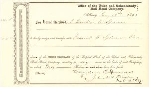 Office of the Utica and Schenectady Rail Road Co. Ttransferred to Francis E. Spinner - 1853 dated Stock Transfer